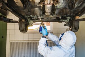 Mechanic applying undercarriage coating as part of fleet management maintenance program