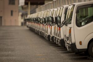 commercial trucks lined up for the day for fleet management